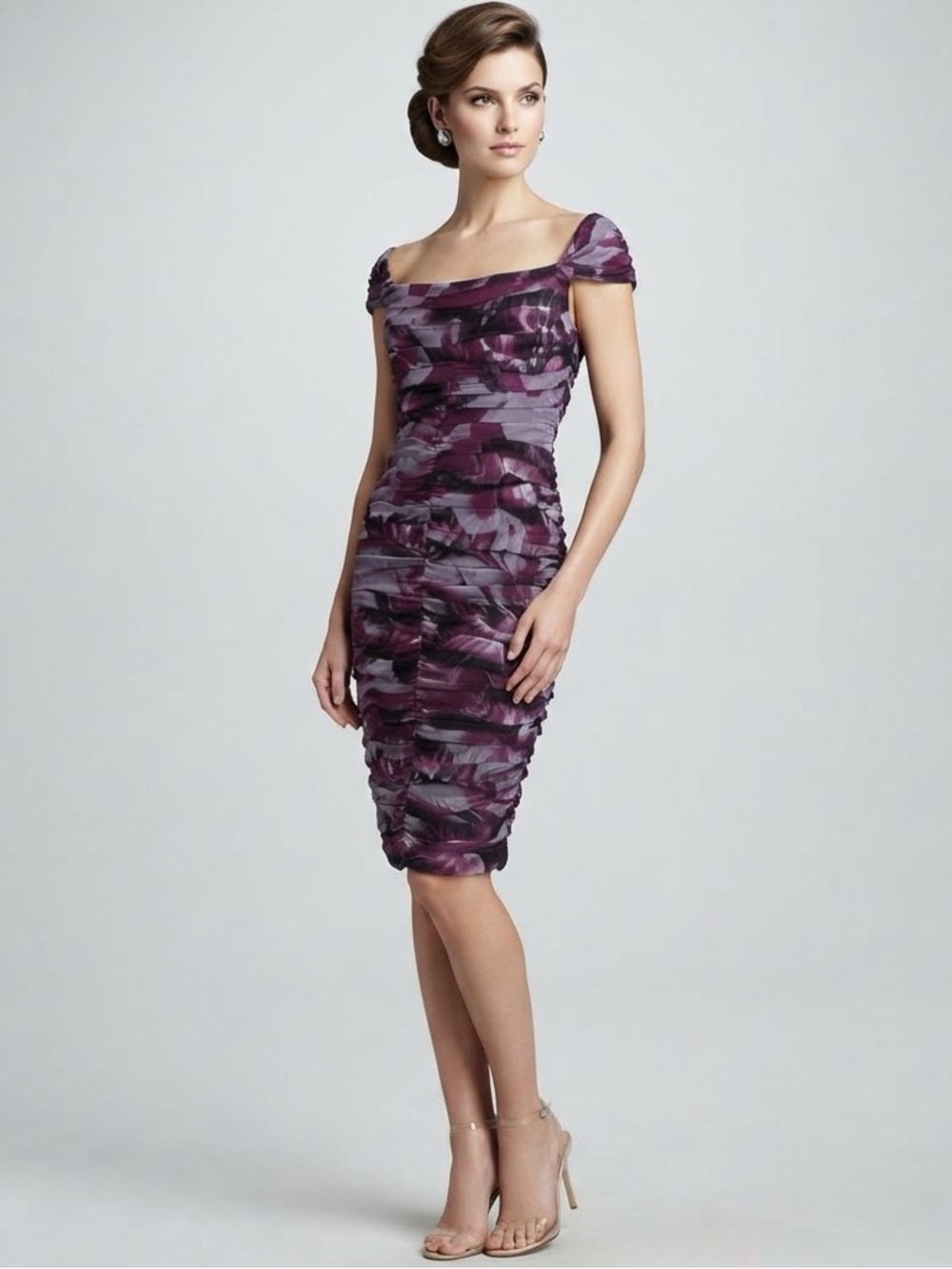 Tadashi Collection Size 8 Silk Ruched Purple Floral Off Shoulder Midi Dress